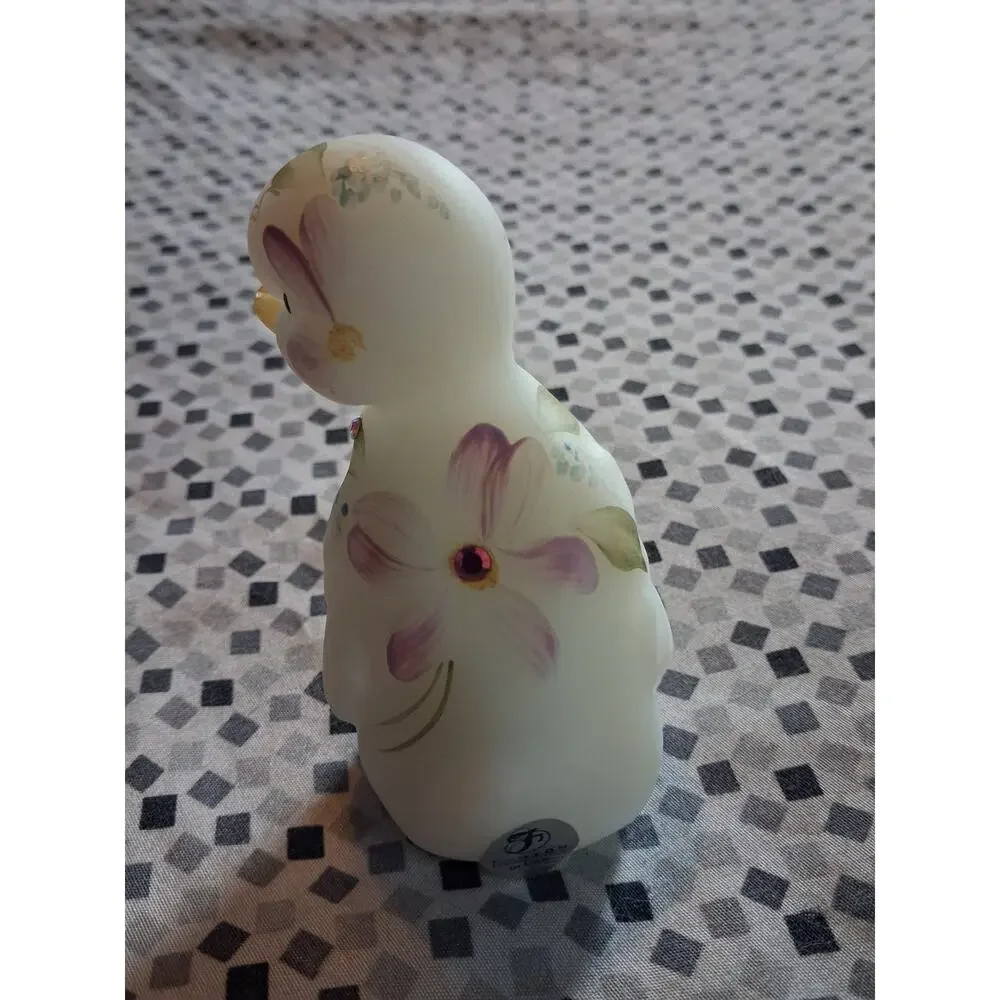 Fenton Glass Duck Duckling Hand Painted Artist Signed Floral with Gems